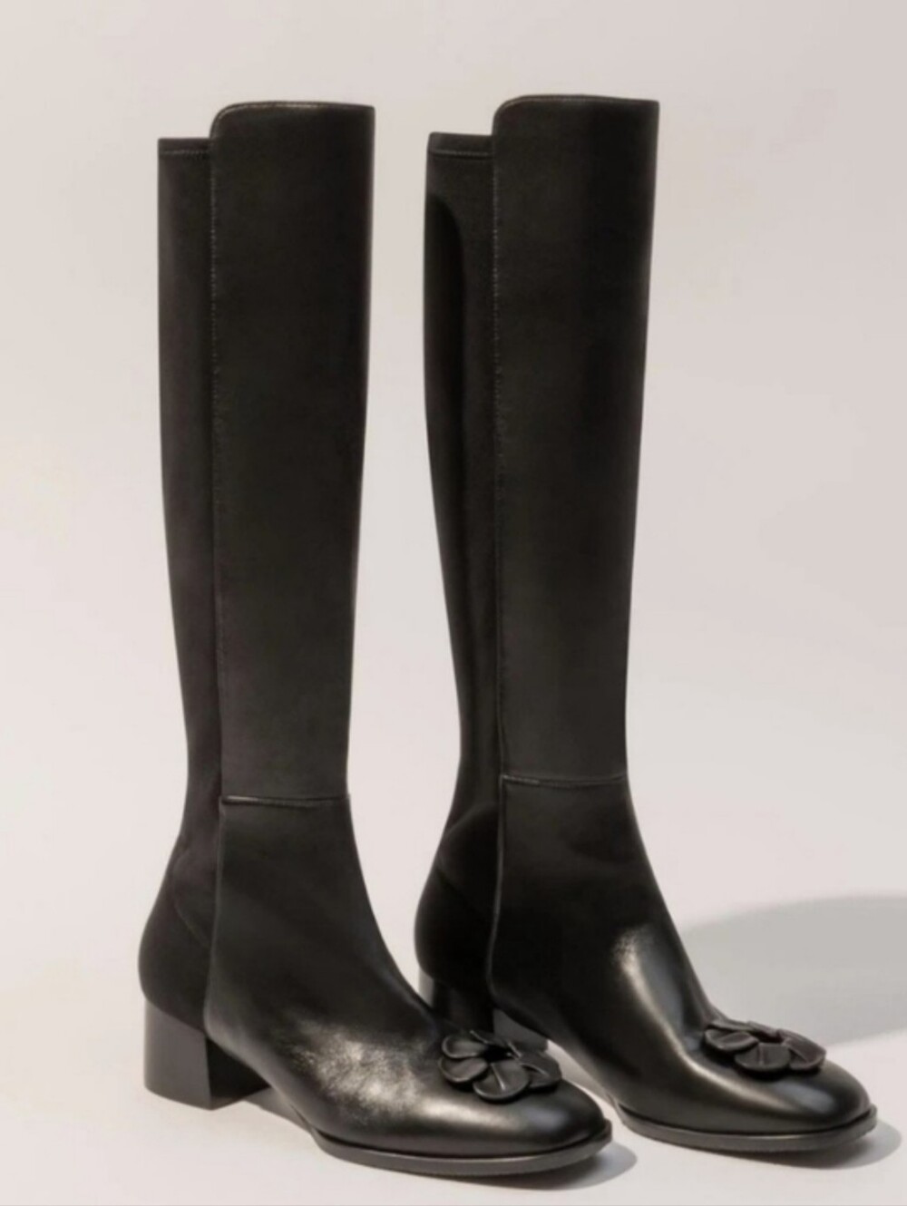 Stuart Weitzman x Sandy Liang Pointe Knee High Boots – Black Leather Floral Toe